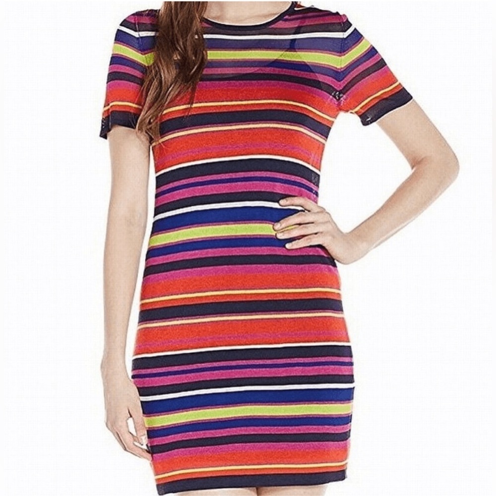 TRINA TURK FINE SHEER JERSEY KNIT SHEATH DRESS STRIPES RED PURPLE SZ L